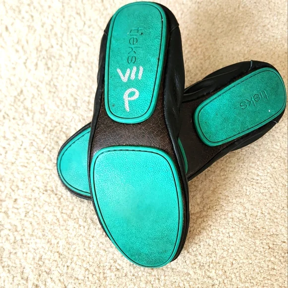 Tieks Black Leather Flats with Teal Soles - Picture 6 of 7